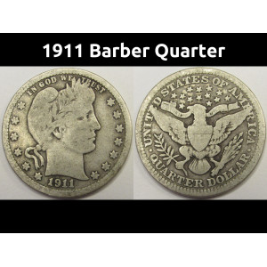 1911 Barber Quarter - antique American silver quarter
