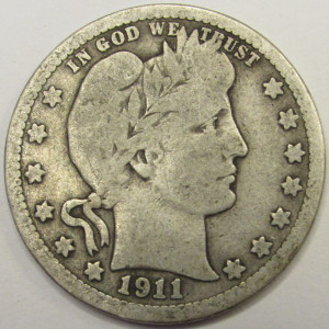 1911 Barber Quarter - antique American silver quarter