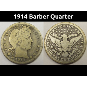 1914 Barber Quarter - antique later date American silver coin