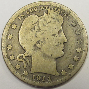 1914 Barber Quarter - antique later date American silver coin