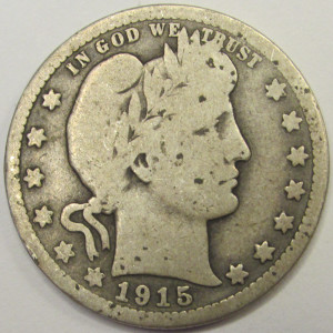 1915 Barber Quarter - antique later date American silver coin