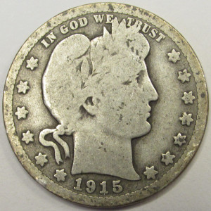 1915 D Barber Quarter - antique Denver mintmark silver coin