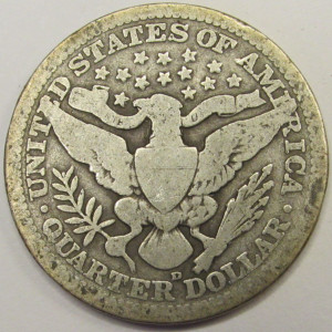 1915 D Barber Quarter - antique Denver mintmark silver coin