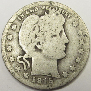 1915 D Barber Quarter - antique Denver mintmark silver coin