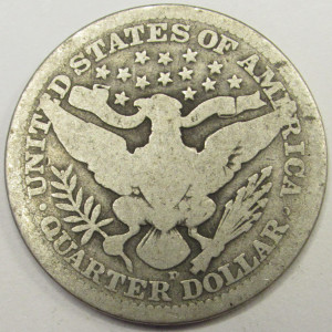 1915 D Barber Quarter - antique Denver mintmark silver coin