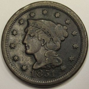 1851 Braided Hair Large Cent - antique American large copper penny