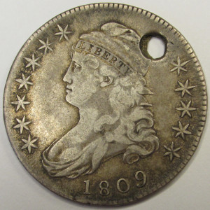 1809 Capped Bust Half Dollar - antique holed American silver coin