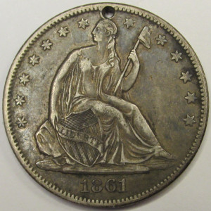 1861 O Seated Liberty Half Dollar - antique holed New Orleans mintmark silver coin