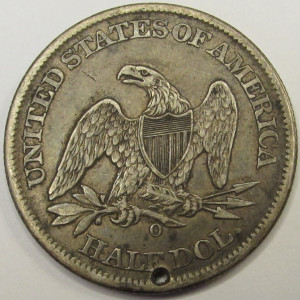 1861 O Seated Liberty Half Dollar - antique holed New Orleans mintmark silver coin