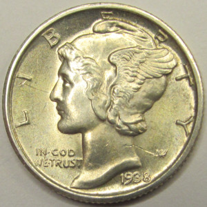 1938 D Mercury Dime - antique uncirculated American silver dime
