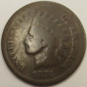 1874 Indian Head Cent - antique better date American Indian bronze penny