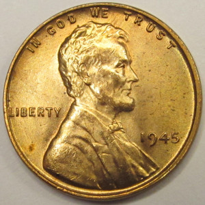 1945 Lincoln Wheat Cent - antique WW2 era American uncirculated penny