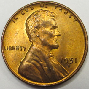 1951 D Lincoln Wheat Cent - antique Denver mintmark uncirculated penny