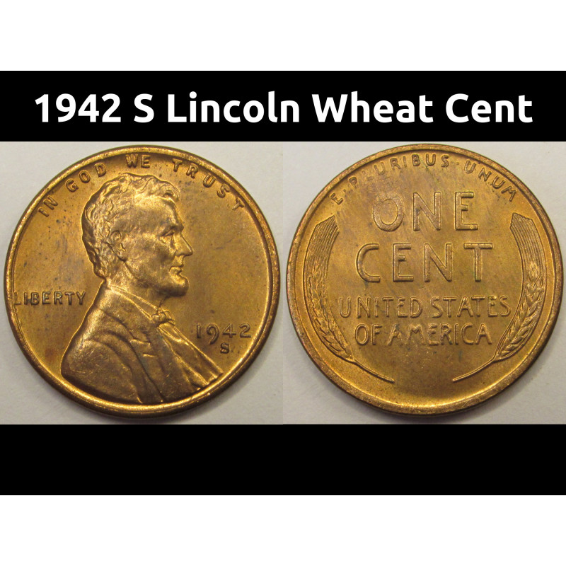 1942 S Lincoln Wheat Cent - antique San Francisco mintmark uncirculated penny