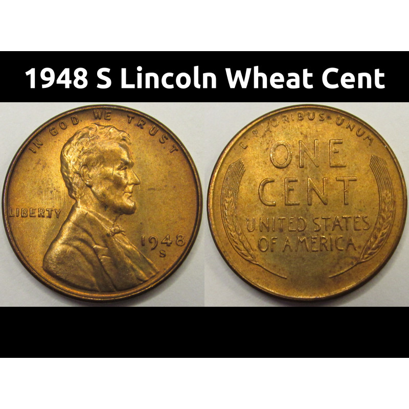 1948 S Lincoln Wheat Cent - antique San Francisco mintmark wheat penny