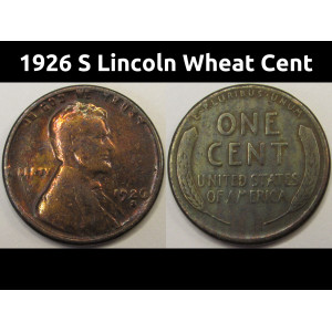 1926 S Lincoln Wheat Cent - antique San Francisco mintmark wheat penny
