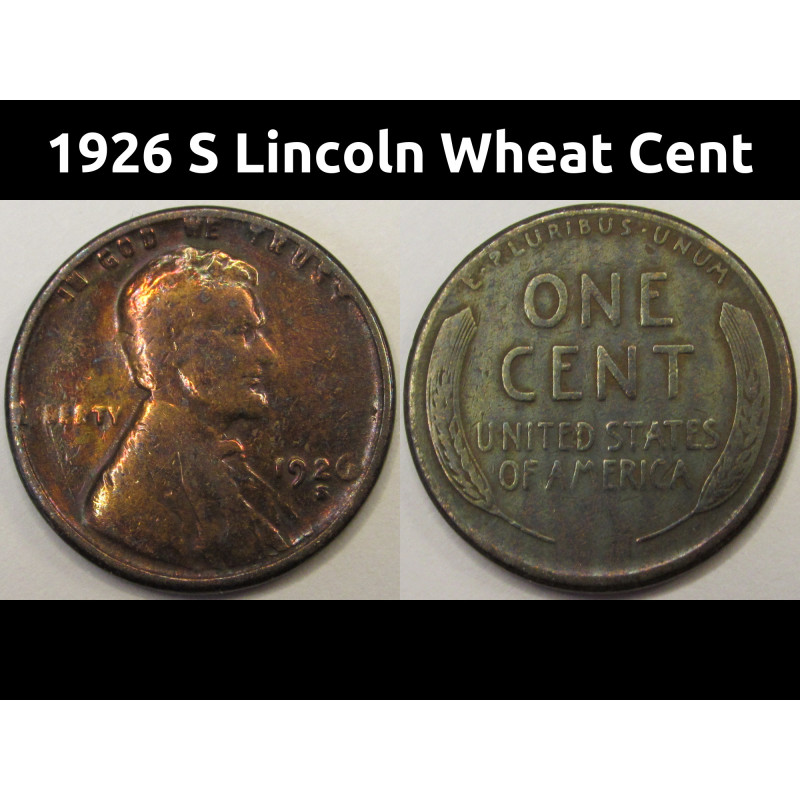 1926 S Lincoln Wheat Cent - antique San Francisco mintmark wheat penny