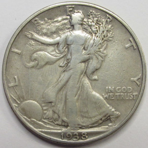 1938 D Walking Liberty Half Dollar - antique better date Denver mintmark silver coin