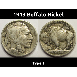 1913 Buffalo Nickel - Type 1 - raised mound American Indian five cent coin