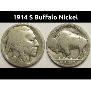 1914 S Buffalo Nickel - antique low mintage American Indian nickel coin