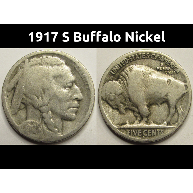 1917 S Buffalo Nickel - antique San Francisco mintmark American Indian nickel