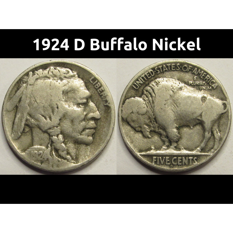 1924 D Buffalo Nickel - antique Denver mintmark American Indian nickel