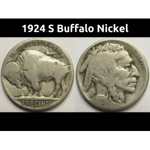 1924 S Buffalo Nickel - antique San Francisco mintmark Indian nickel