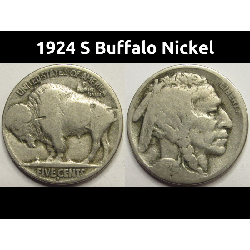 1924 S Buffalo Nickel - antique San Francisco mintmark Indian nickel