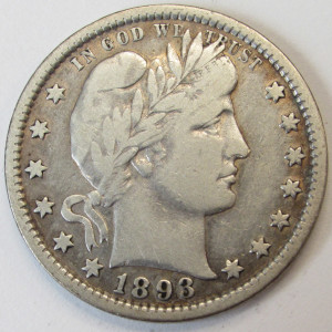 1893 Barber Quarter - antique better condition American silver coin