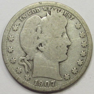 1907 S Barber Quarter - antique San Francisco mintmark silver coin