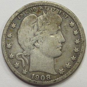 1908 O Barber Quarter - antique New Orleans mintmark silver quarter