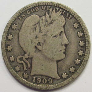 1909 D Barber Quarter - antique Denver mintmark original silver quarter