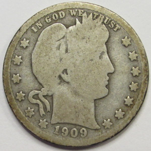 1909 S Barber Quarter - antique lower mintage San Francisco mintmark silver quarter