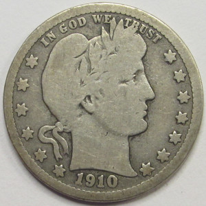 1910 D Barber Quarter - antique Denver mintmark silver American quarter