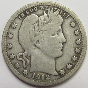 1912 Barber Quarter - antique silver American quarter coin