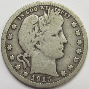 1915 Barber Quarter - antique American silver quarter