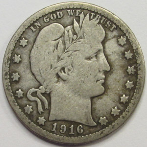 1916 D Barber Quarter - antique Denver mintmark silver quarter