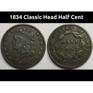 1834 Classic Head Half Cent - antique American obsolete copper coin