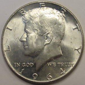 1964 JFK Half Dollar - antique first year of issue 90 percent silver coin