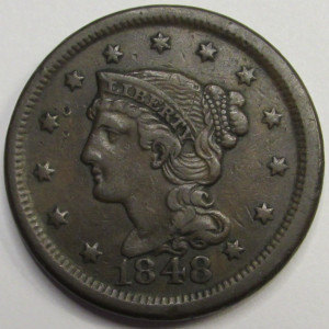 1848 Braided Hair Large Cent  - antique copper American penny
