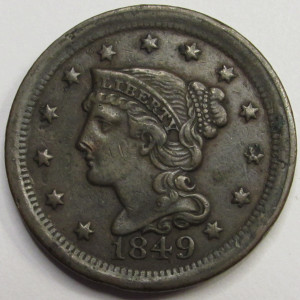 1849 Braided Hair Large Cent - antique American copper penny