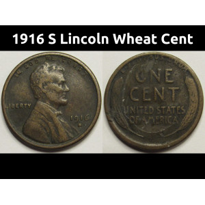 1916 S Lincoln Wheat Cent - antique San Francisco mintmark penny