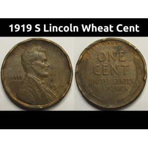 1919 S Lincoln Wheat Cent - antique San Francisco mintmark wheat penny