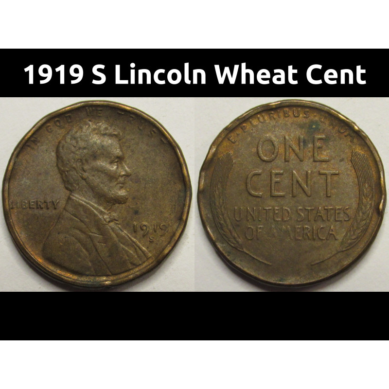 1919 S Lincoln Wheat Cent - antique San Francisco mintmark wheat penny