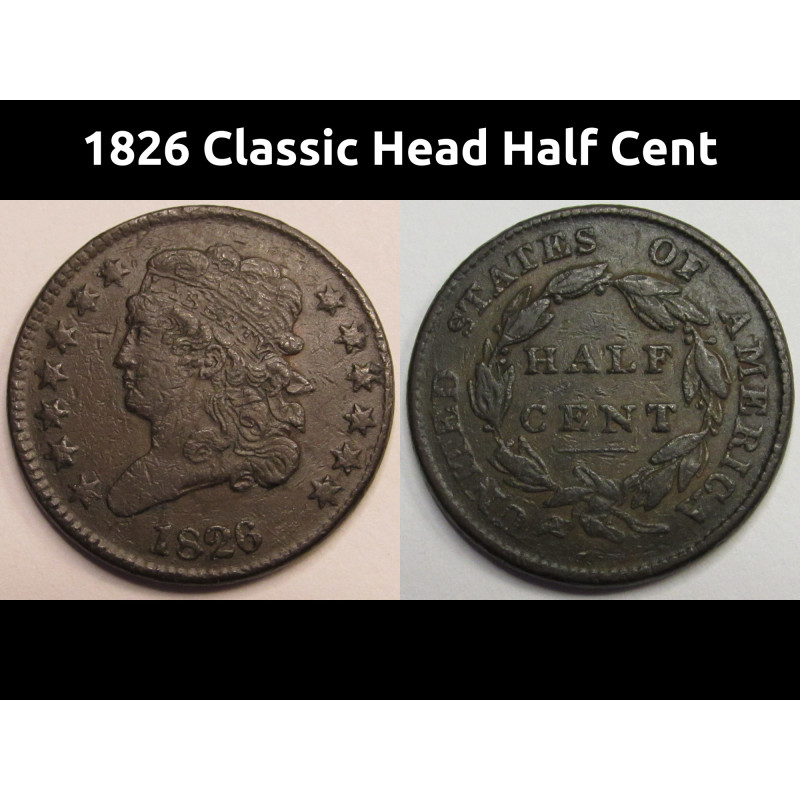 1826 Classic Head Half Cent - antique Early American copper coin