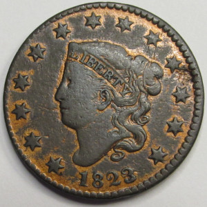1823 Coronet Head Large Cent - 3 over 2 - antique overdate copper penny