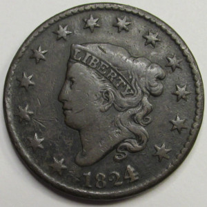 1824 Coronet Head Large Cent - 4 over 2 - scarce overdate American copper penny