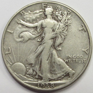 1938 D Walking Liberty Half Dollar - antique Denver mintmark silver coin