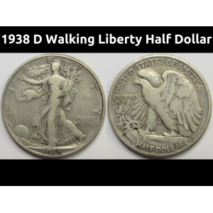 1938 D Walking Liberty Half Dollar - antique American silver coin with Denver mintmark 