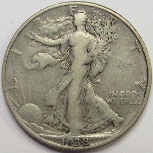 1938 D Walking Liberty Half Dollar - antique American silver coin with Denver mintmark 